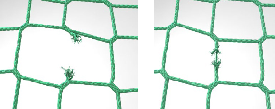 Abb. 9 Sichtprfung des Netzes (Anmerkung: Linke kleine Abbildung zeigt zerstrte Maschen, rechte kleine Abbildung den Abrieb an der Masche)